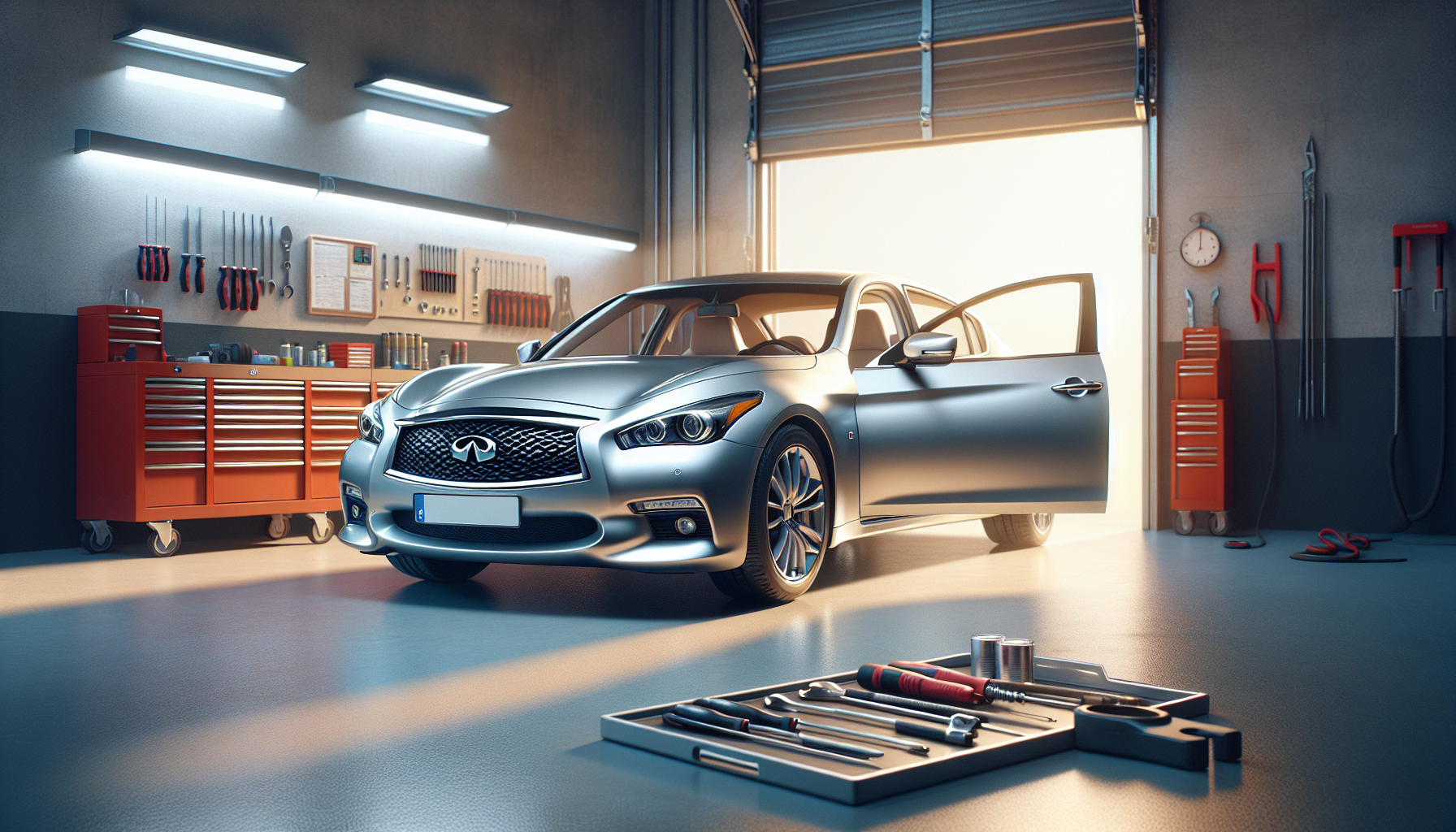 Infiniti G37 in garage ready for installation