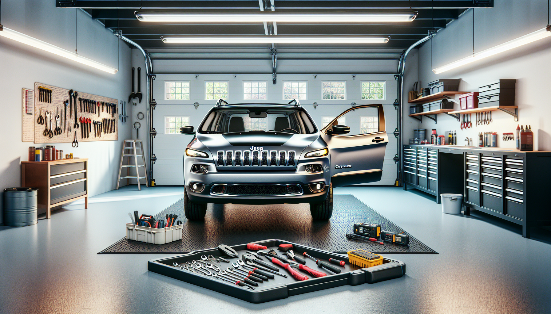 Jeep Cherokee in garage ready for installation