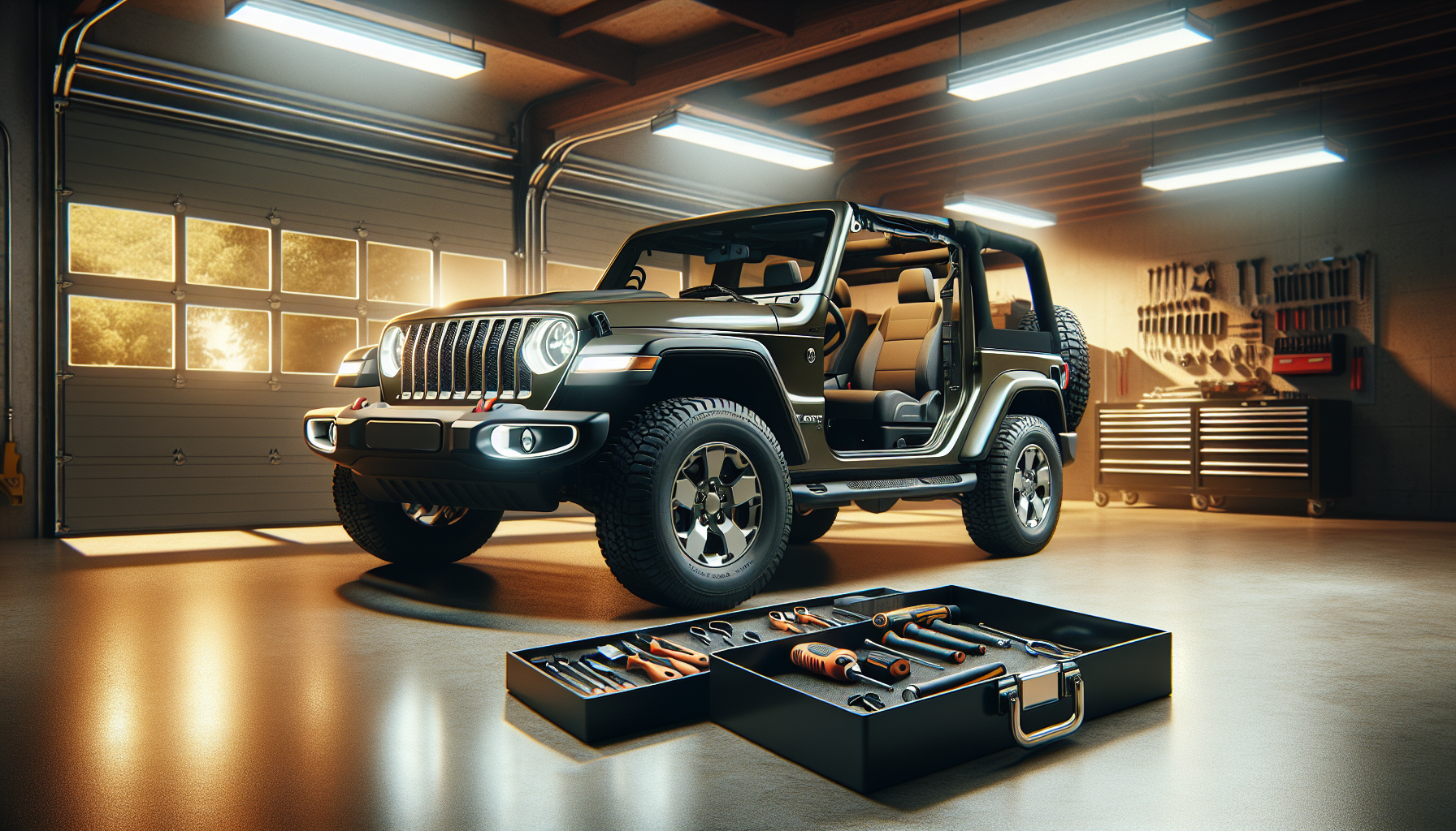 Jeep Wrangler in garage ready for installation