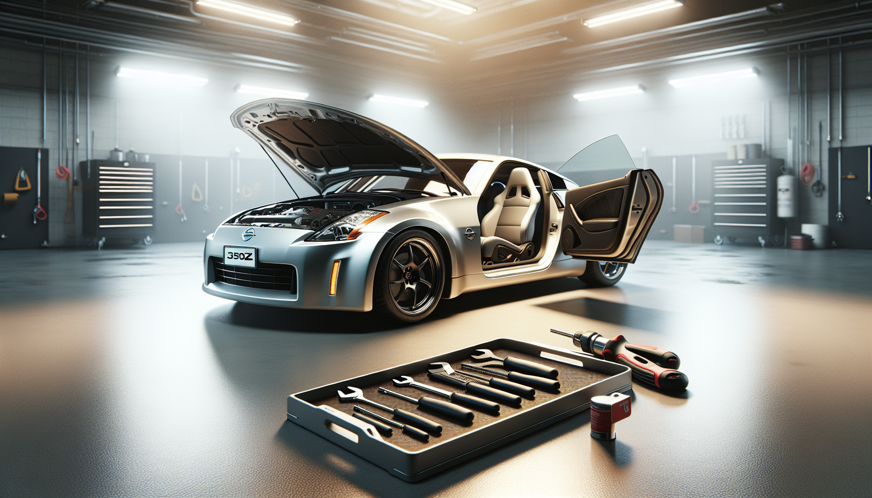 Nissan 350Z in garage ready for installation