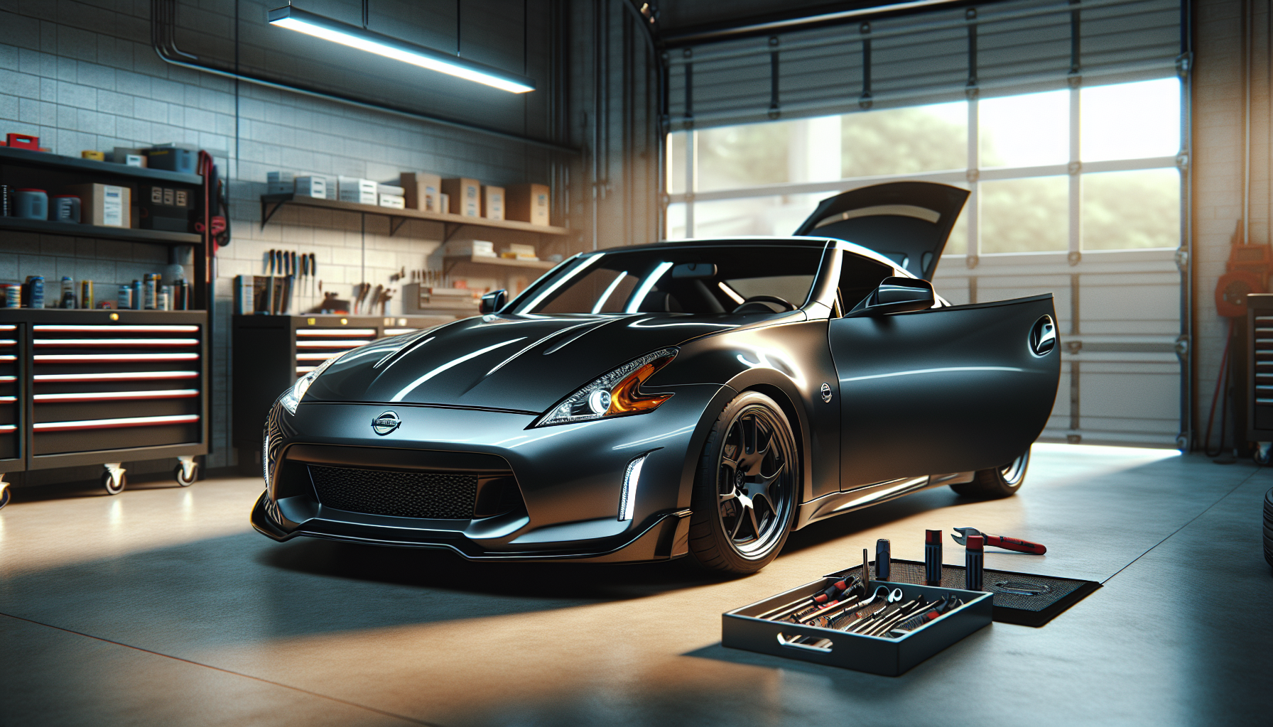 Nissan 370Z in garage ready for installation