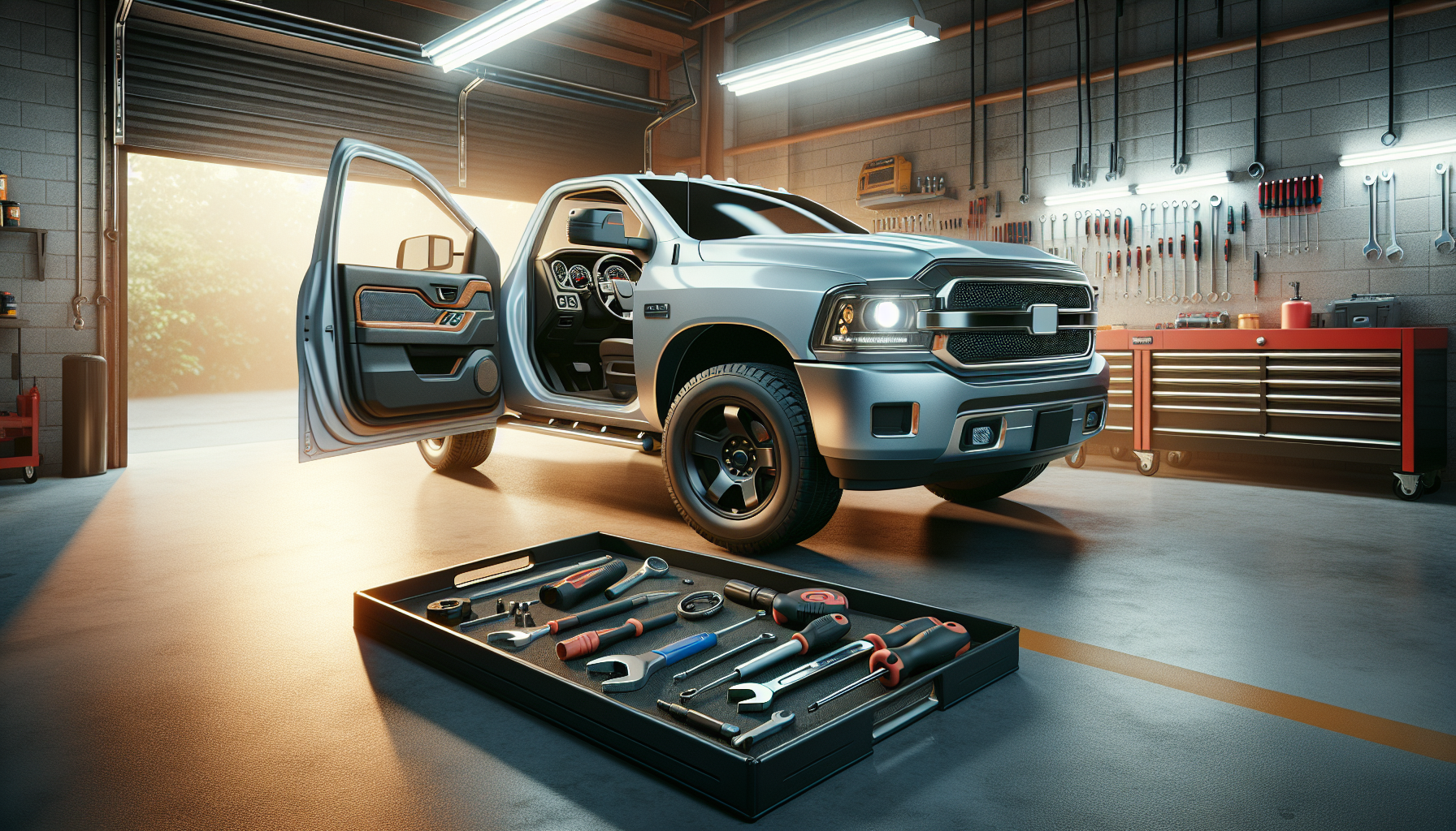 Nissan Titan in garage ready for installation