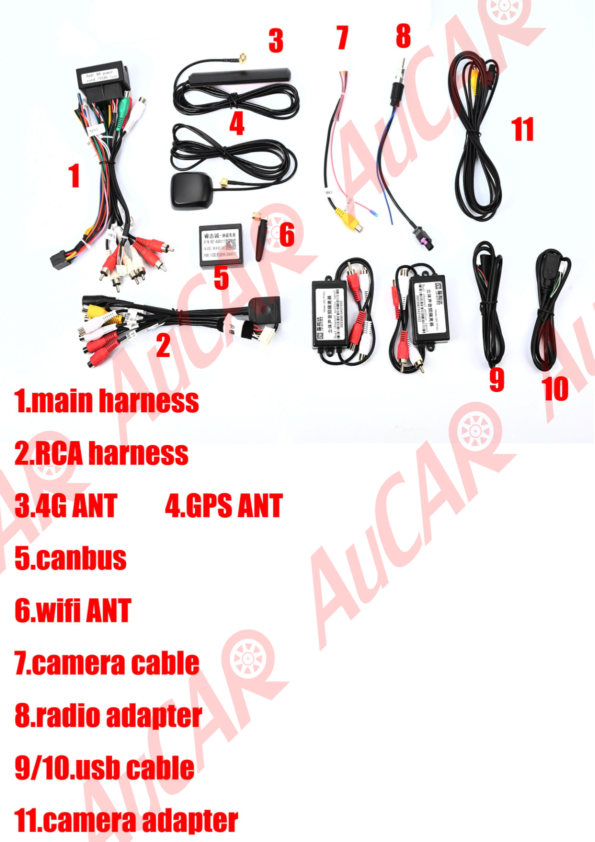 Audi R8 - Photo showing various components and accessories related to the Audi R8 aftermarket head unit installation.