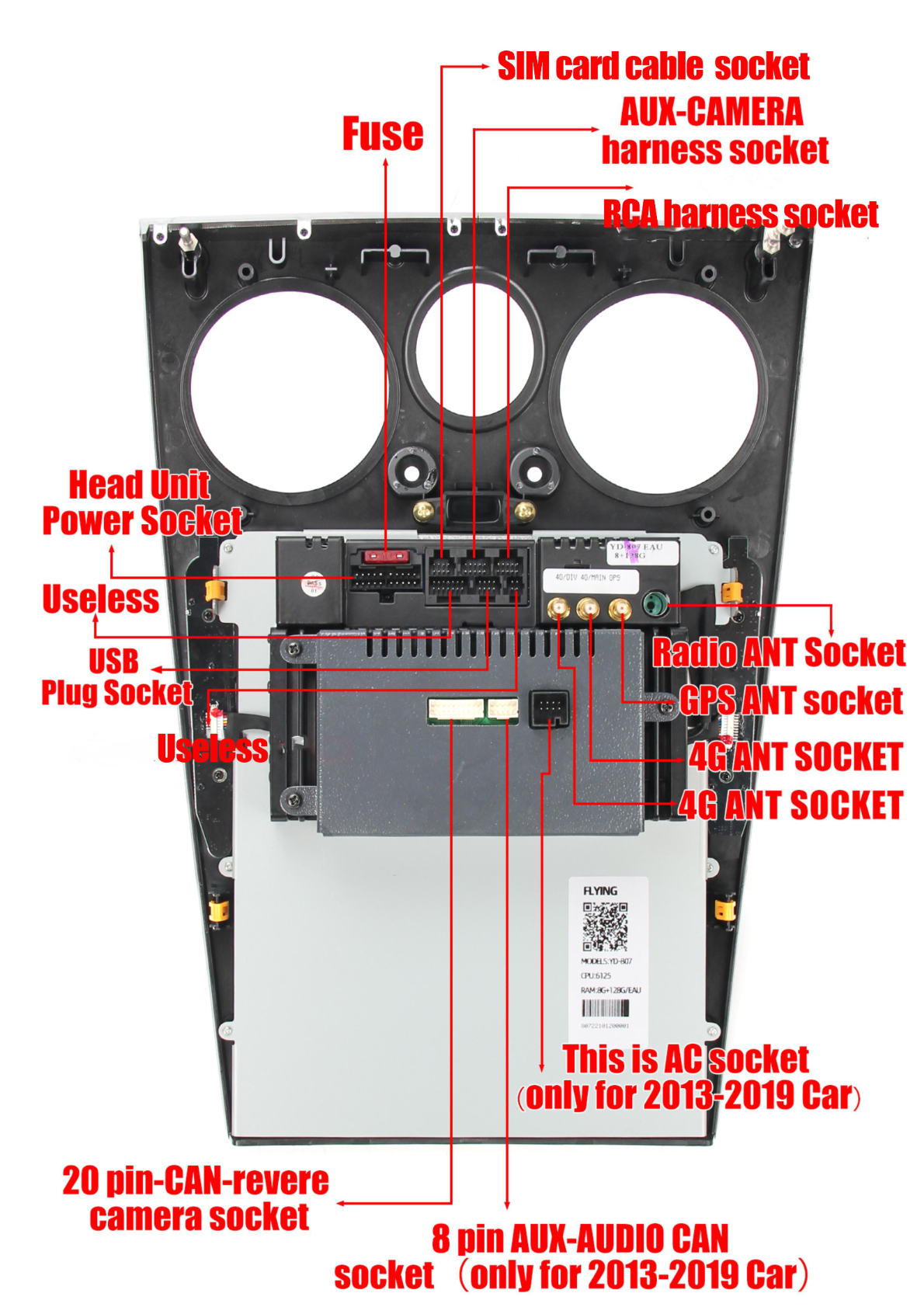 Bentley Continental GT Flying Spur - Photo showing the head unit with labeled sockets and connections for installation.