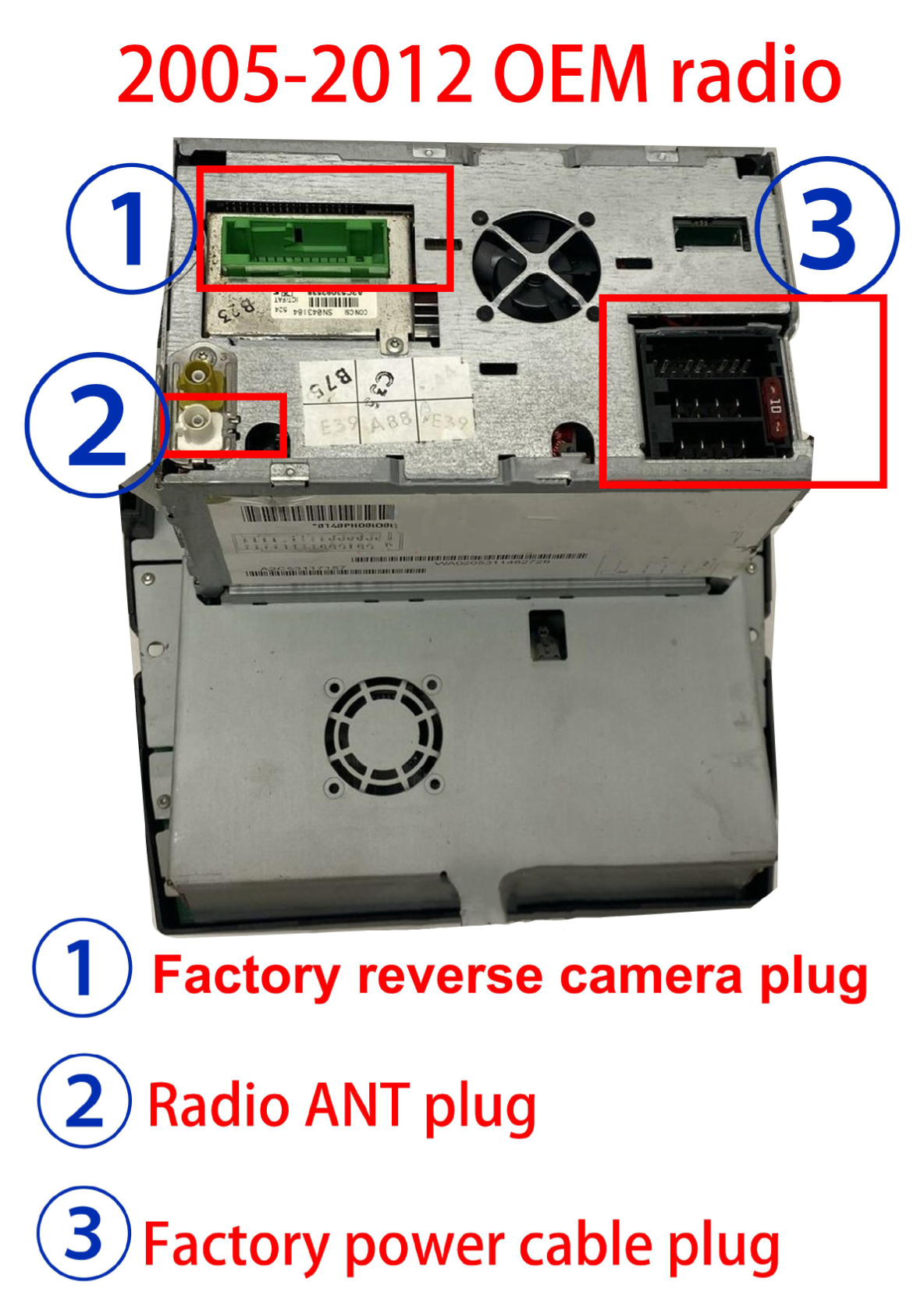 Bentley Continental GT Flying Spur - Photo of the OEM radio with labeled connectors for reverse camera, radio antenna, and power cable.