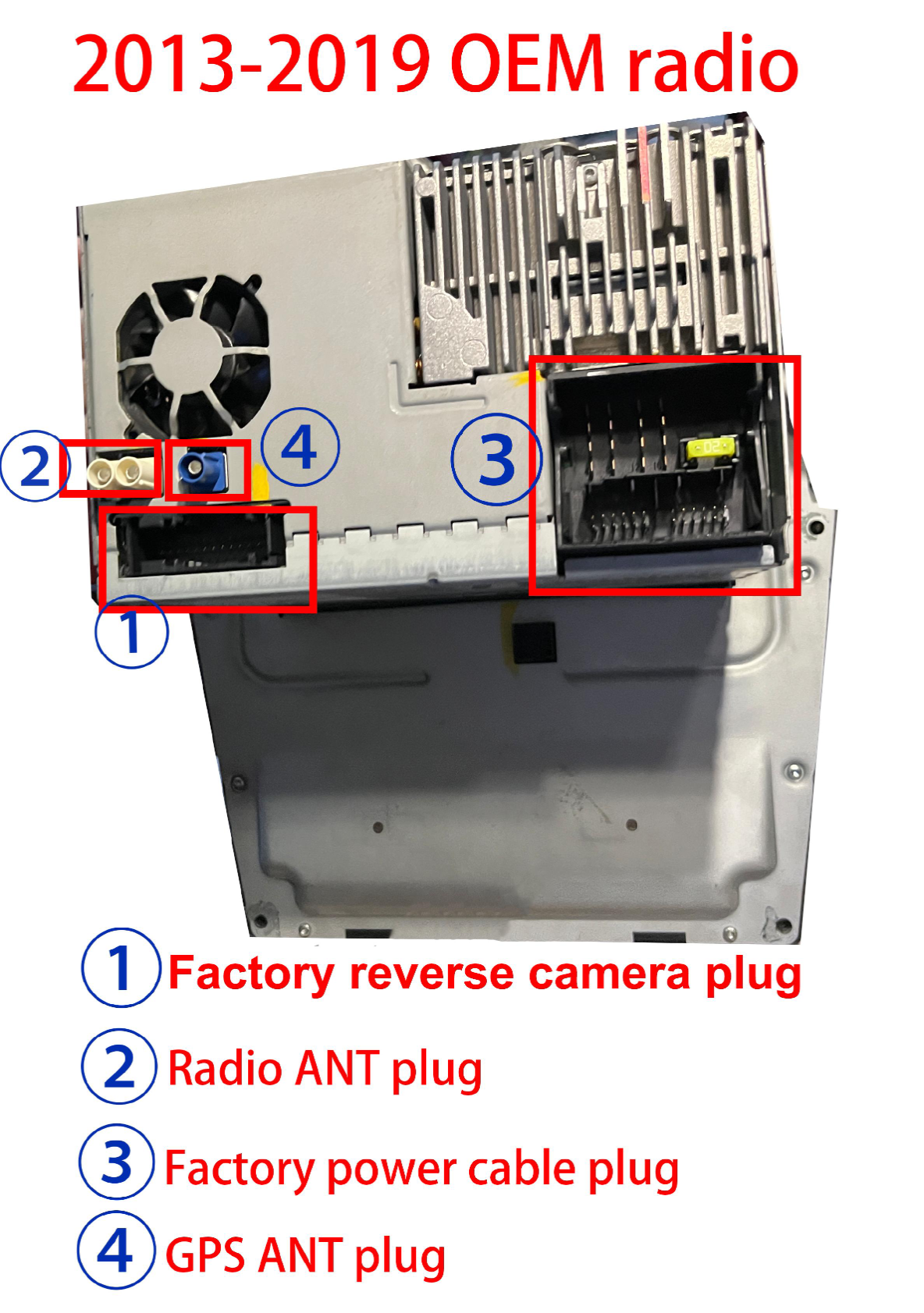 Bentley Continental GT Flying Spur - Photo of the OEM radio with labeled connectors and plugs.