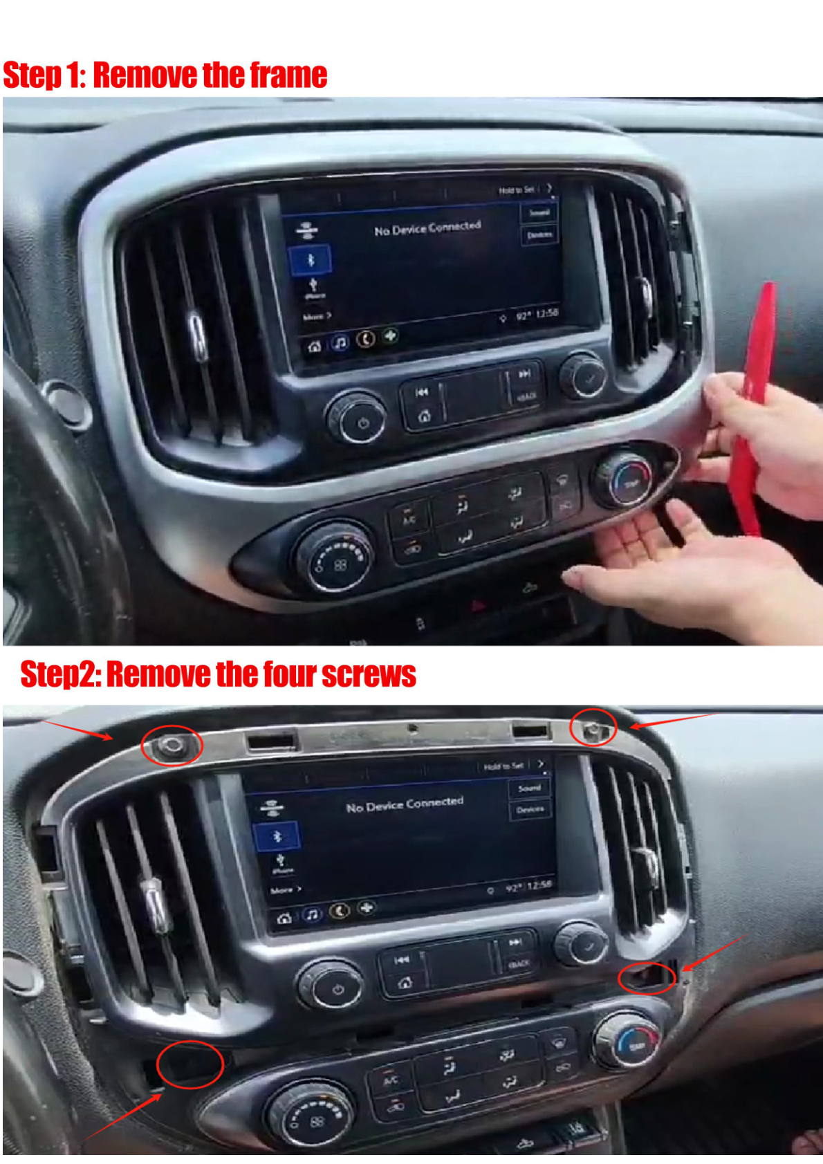 Instructions for removing the frame and screws during the installation of an aftermarket head unit.