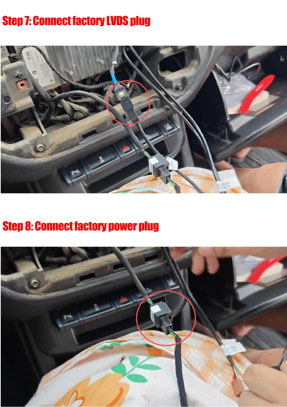 Physical installation steps showing connections for factory LVDS and power plugs.
