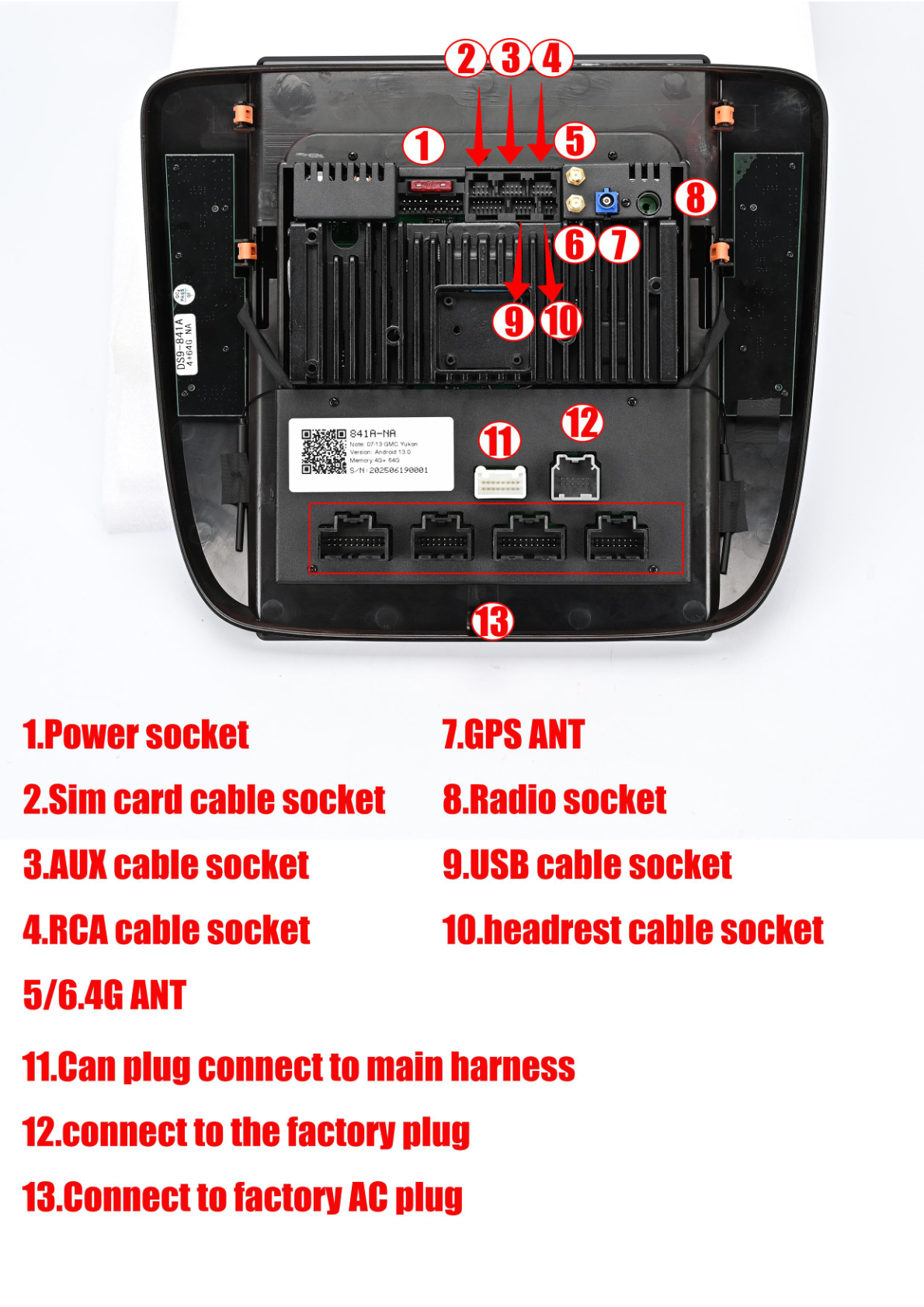 Chevrolet Tahoe Silverado GMC Yukon - Photo showing the back of an aftermarket head unit with labeled connection ports.