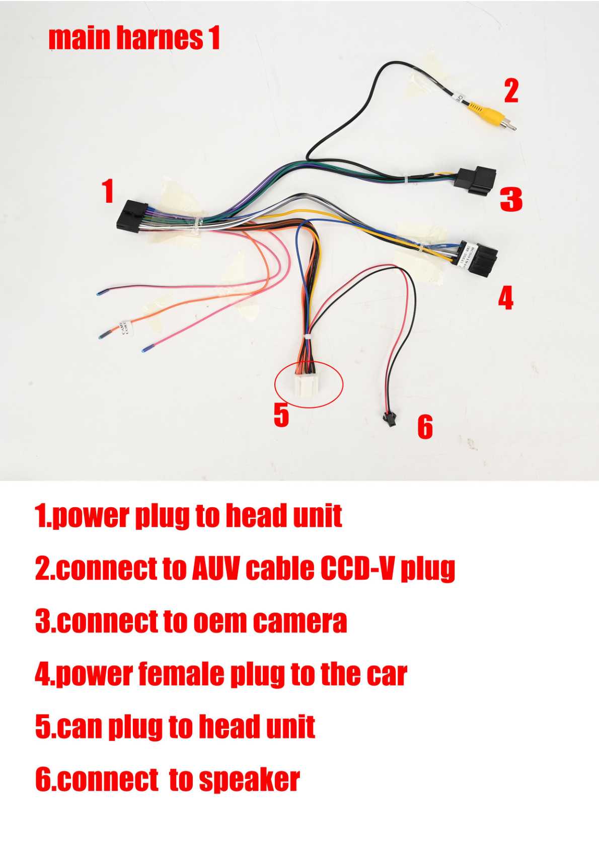 Wiring connections for the aftermarket head unit with labeled harnesses and connection instructions.