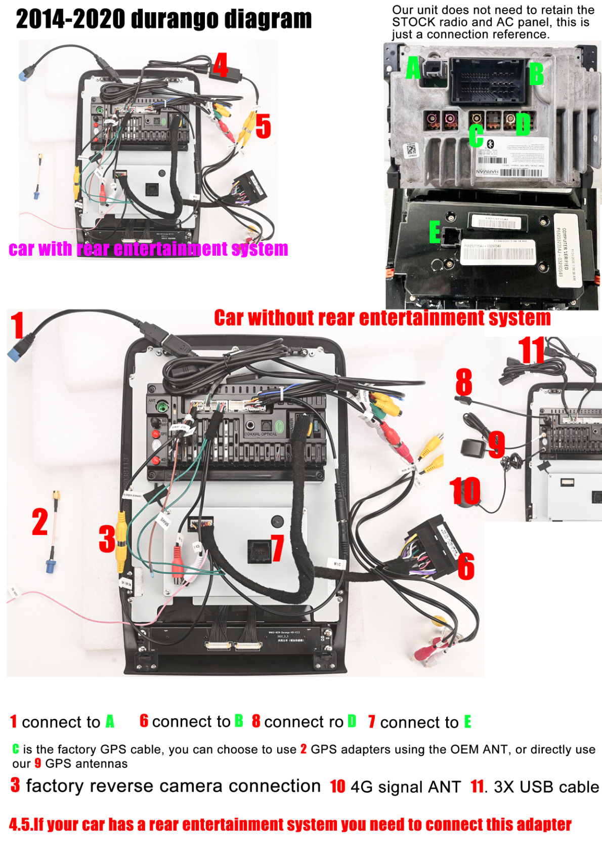 Dodge Durango - Wiring connections and pin mappings for a Dodge Durango aftermarket head unit.