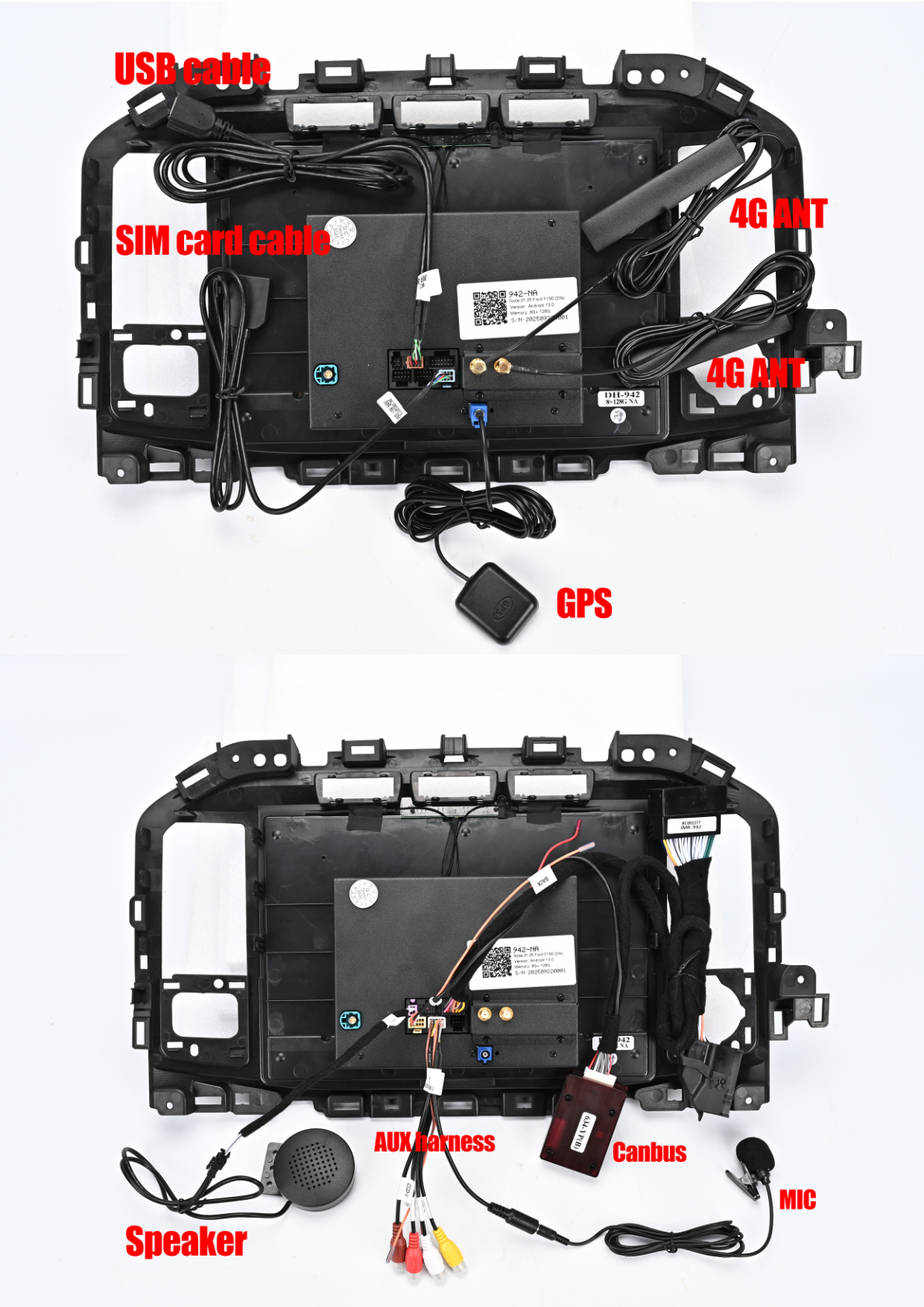 Ford F150 F250 F350 F450 F650 - Photo showing components and accessories related to the aftermarket head unit installation.