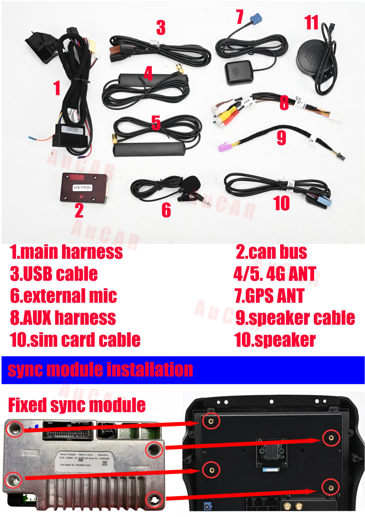 Ford F250 F350 with sync system - Photo showing components, accessories, and parts related to the installation of an aftermarket head unit for Ford F250 F350 with sync system.