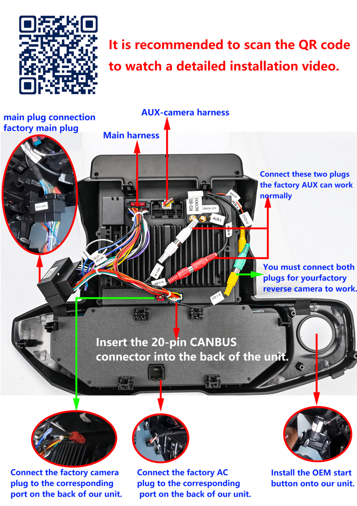 Instructions for connecting various harnesses and components for the head unit installation.