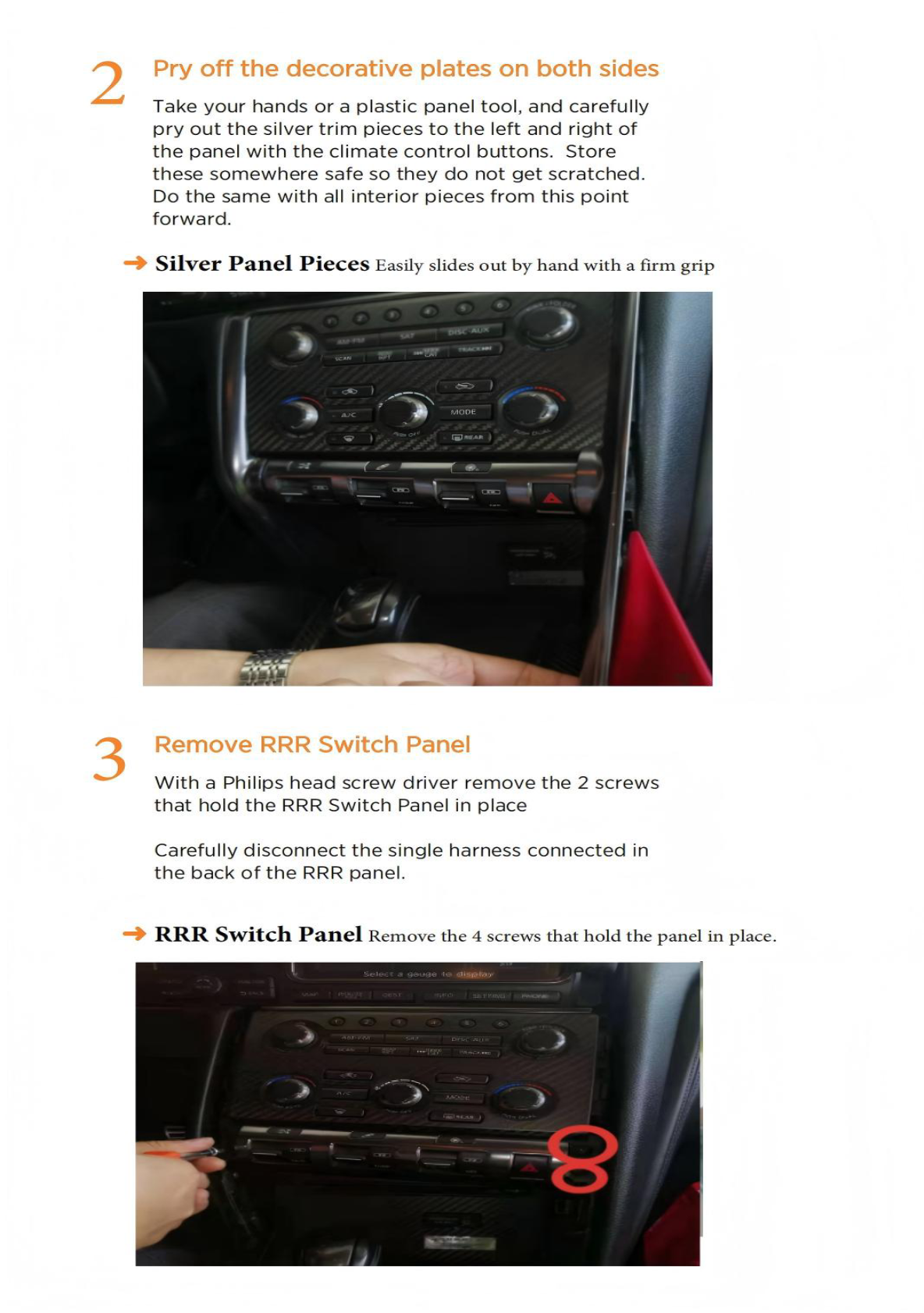 Nissan GTR - Instructions for removing decorative plates and switch panels during installation.