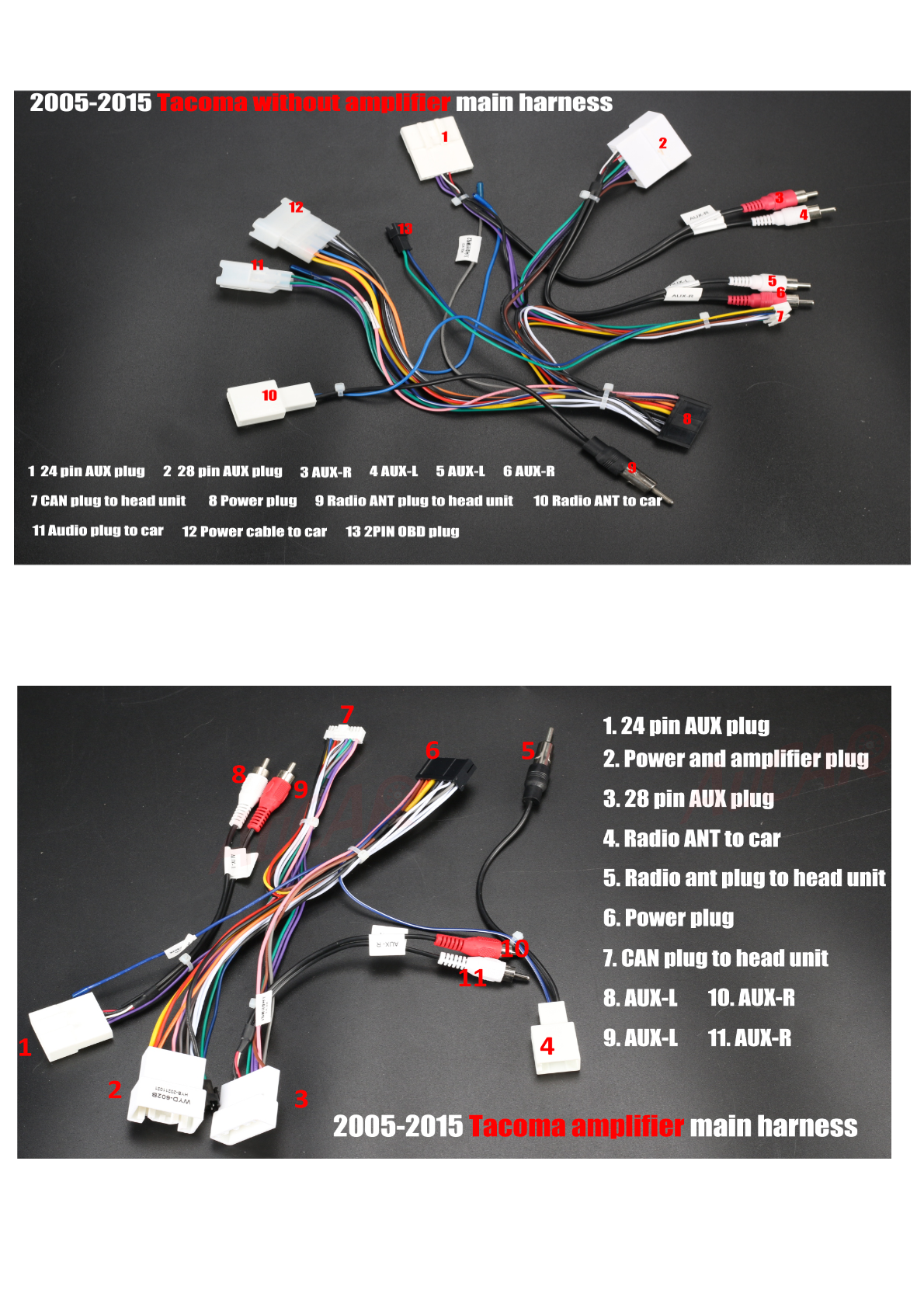 Connector mappings for Toyota Tacoma aftermarket head unit wiring.