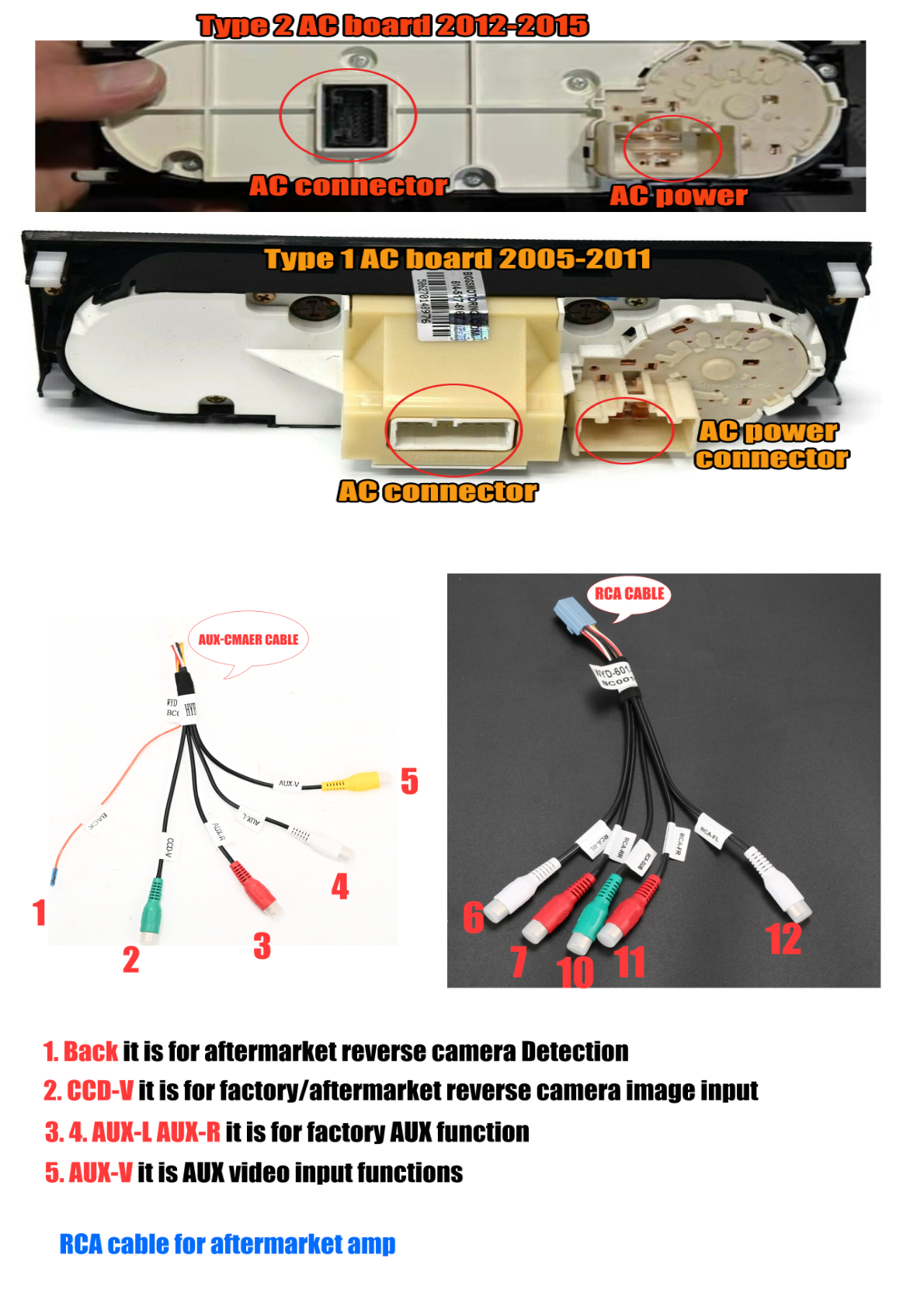 Shows components related to the AC board and AUX connections for the Toyota Tacoma aftermarket head unit.